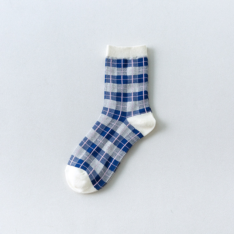 Japanese Geometric Grid Cute Lady In Tube Socks Cartoon Socks Female Blue Socks